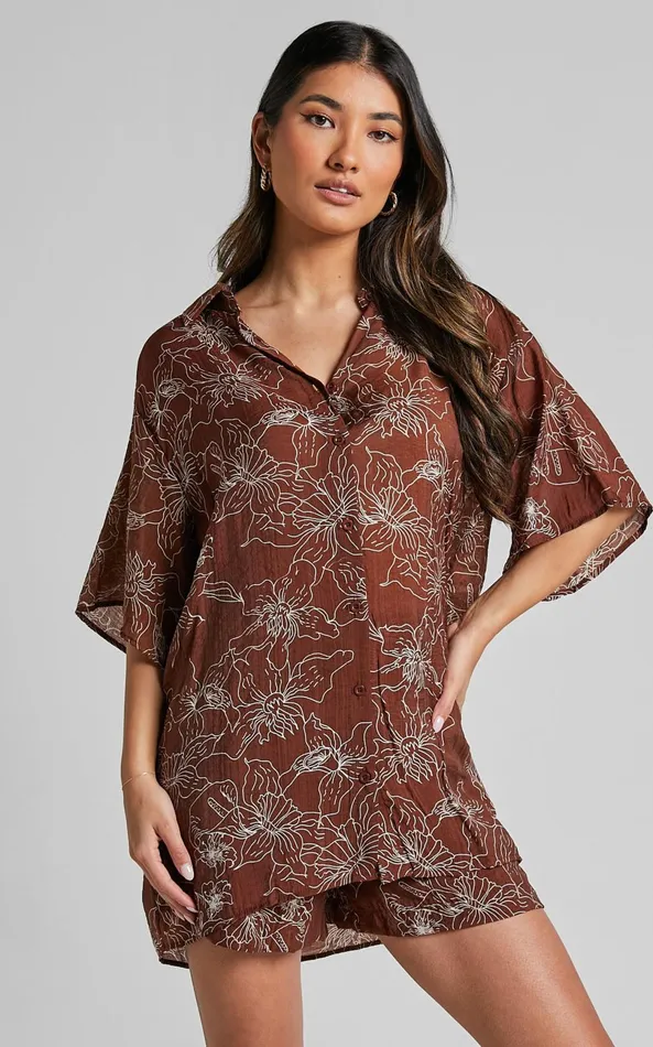 Showpo Alofi Top 8211 Collared Button Through Short Sleeve Blouse In Brown Floral Women Tops