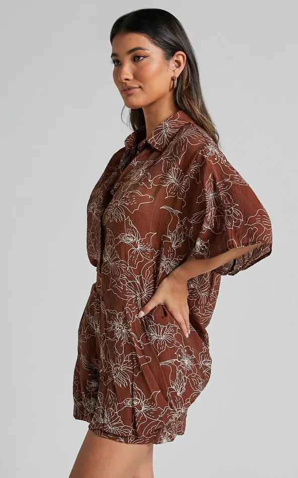 Showpo Alofi Top 8211 Collared Button Through Short Sleeve Blouse In Brown Floral Women Tops