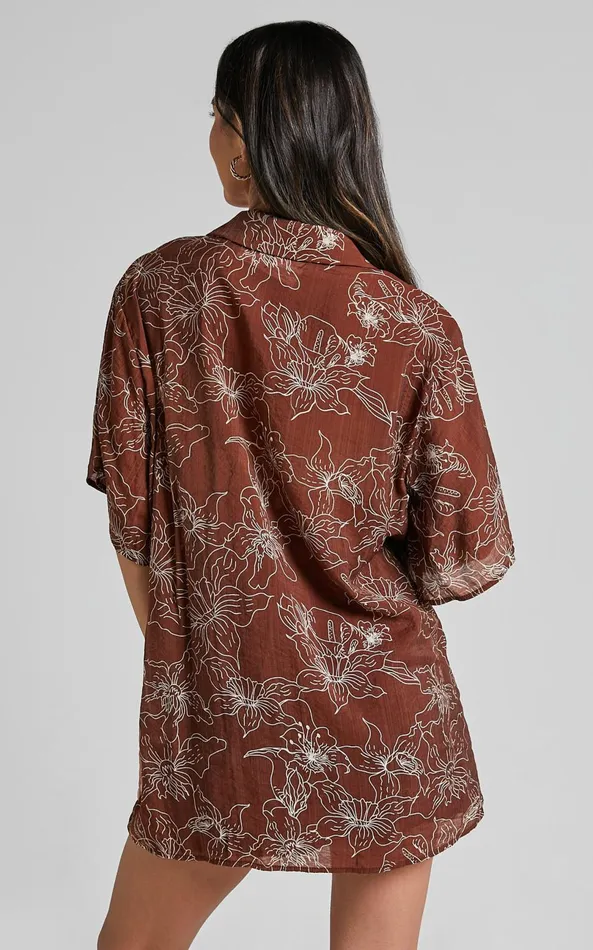 Showpo Alofi Top 8211 Collared Button Through Short Sleeve Blouse In Brown Floral Women Tops