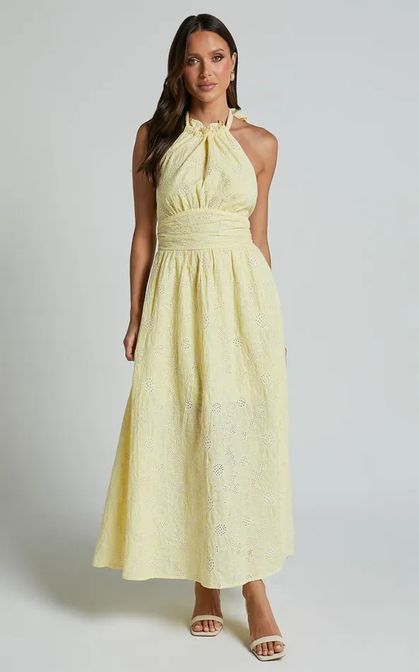 Showpo Alora Midi Dress 8211 High Neck Sleeveless Dress In Yellow Women Dresses
