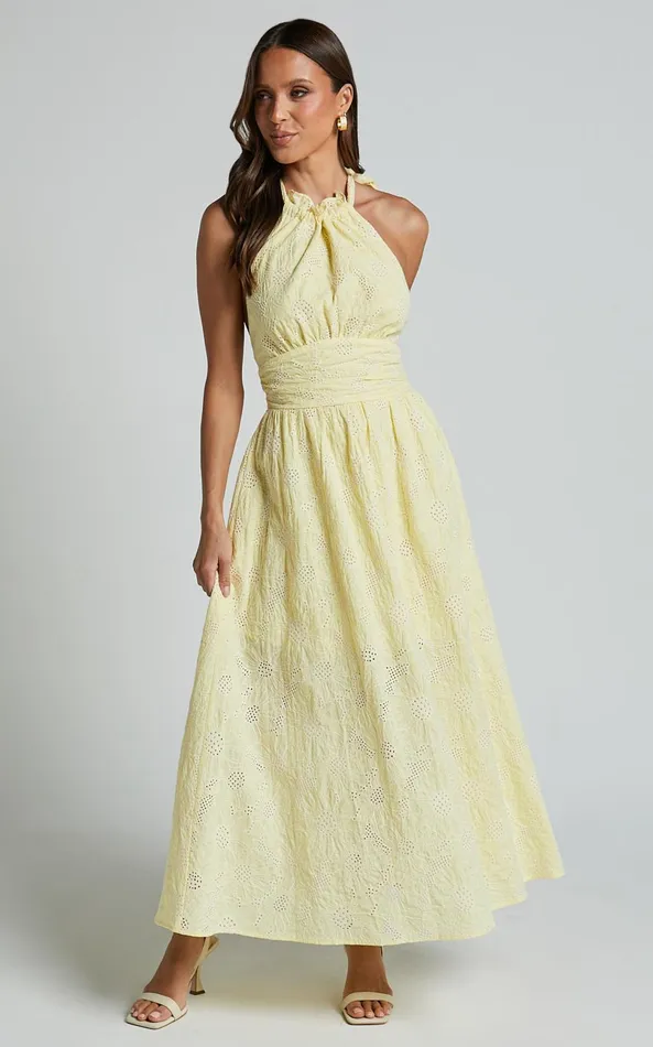 Showpo Alora Midi Dress 8211 High Neck Sleeveless Dress In Yellow Women Dresses