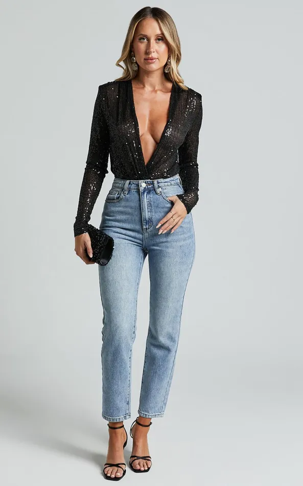 Showpo Alora Wrap Bodysuit 8211 Sequin Wrap Front Long Sleeve Bodysuit In Black Sequin Women Curve Clothes