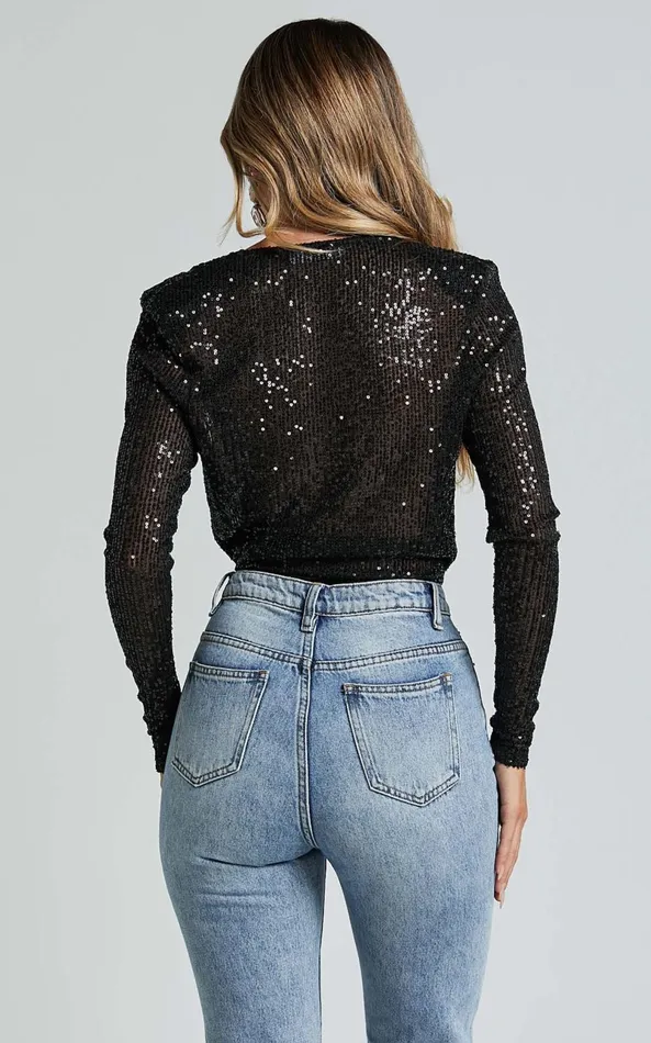 Showpo Alora Wrap Bodysuit 8211 Sequin Wrap Front Long Sleeve Bodysuit In Black Sequin Women Curve Clothes