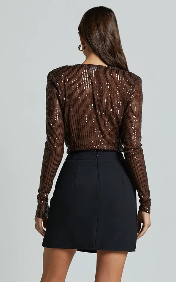 Showpo ALORA WRAP BODYSUIT 8211 SEQUIN WRAP FRONT LONG SLEEVE BODYSUIT In Chocolate Women Tops