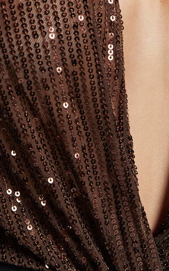 Showpo ALORA WRAP BODYSUIT 8211 SEQUIN WRAP FRONT LONG SLEEVE BODYSUIT In Chocolate Women Tops