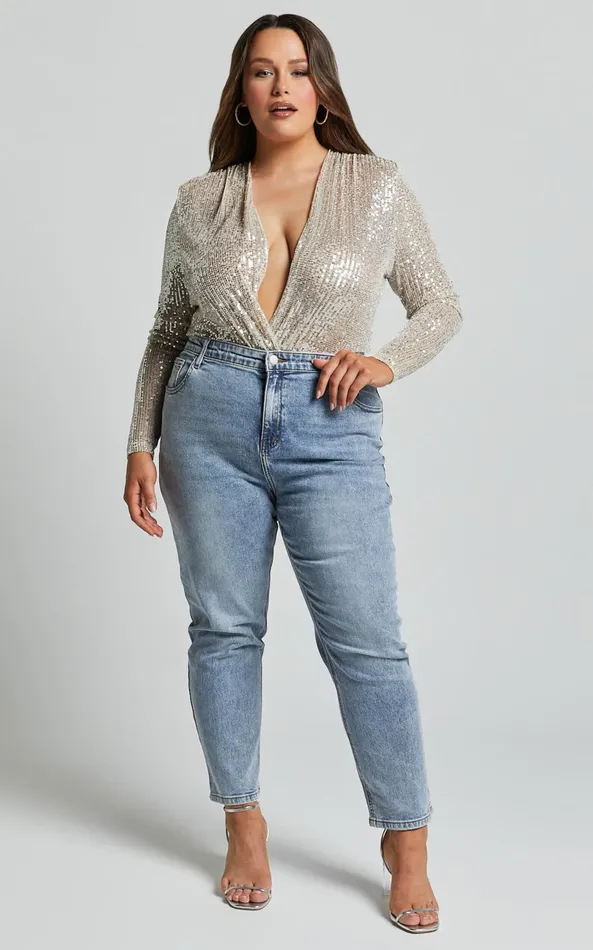 Showpo Alora Wrap Bodysuit 8211 Sequin Wrap Front Long Sleeve Bodysuit In Silver Women Curve Clothes