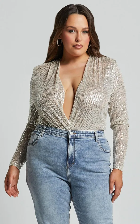 Showpo Alora Wrap Bodysuit 8211 Sequin Wrap Front Long Sleeve Bodysuit In Silver Women Curve Clothes