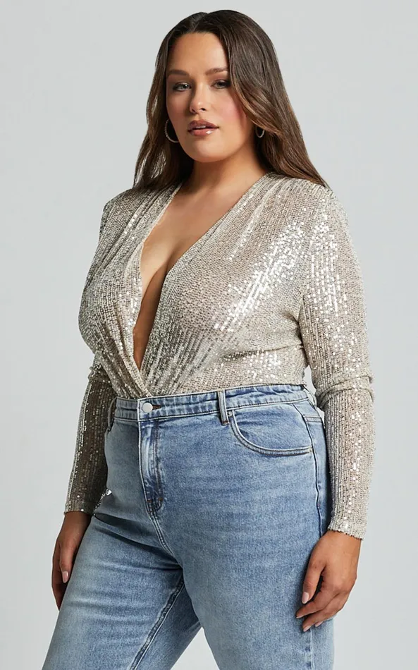 Showpo Alora Wrap Bodysuit 8211 Sequin Wrap Front Long Sleeve Bodysuit In Silver Women Curve Clothes