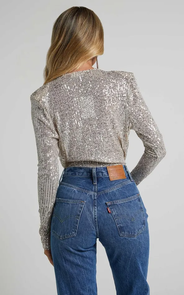 Showpo Alora Wrap Bodysuit 8211 Sequin Wrap Front Long Sleeve Bodysuit In Silver Women Curve Clothes