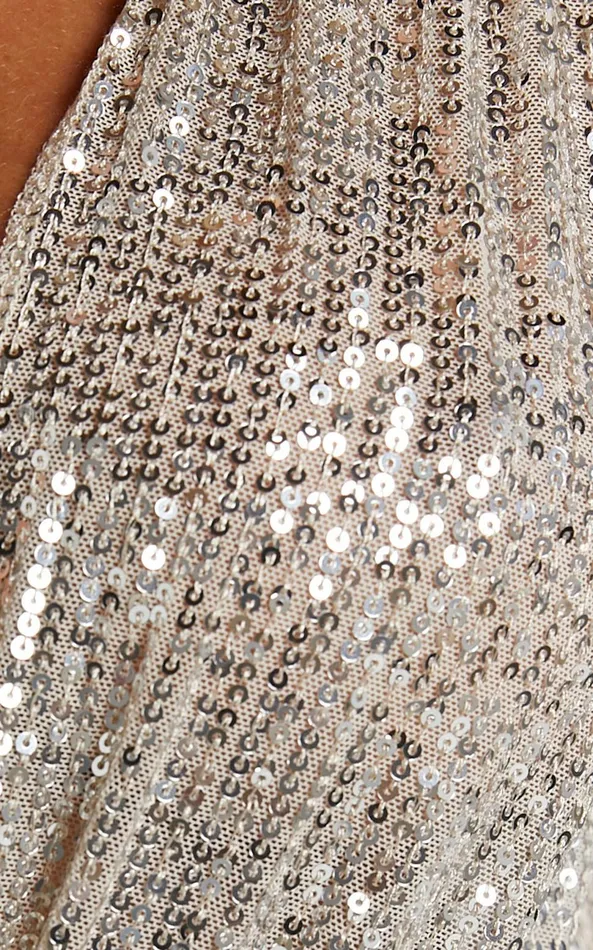 Showpo Alora Wrap Bodysuit 8211 Sequin Wrap Front Long Sleeve Bodysuit In Silver Women Curve Clothes