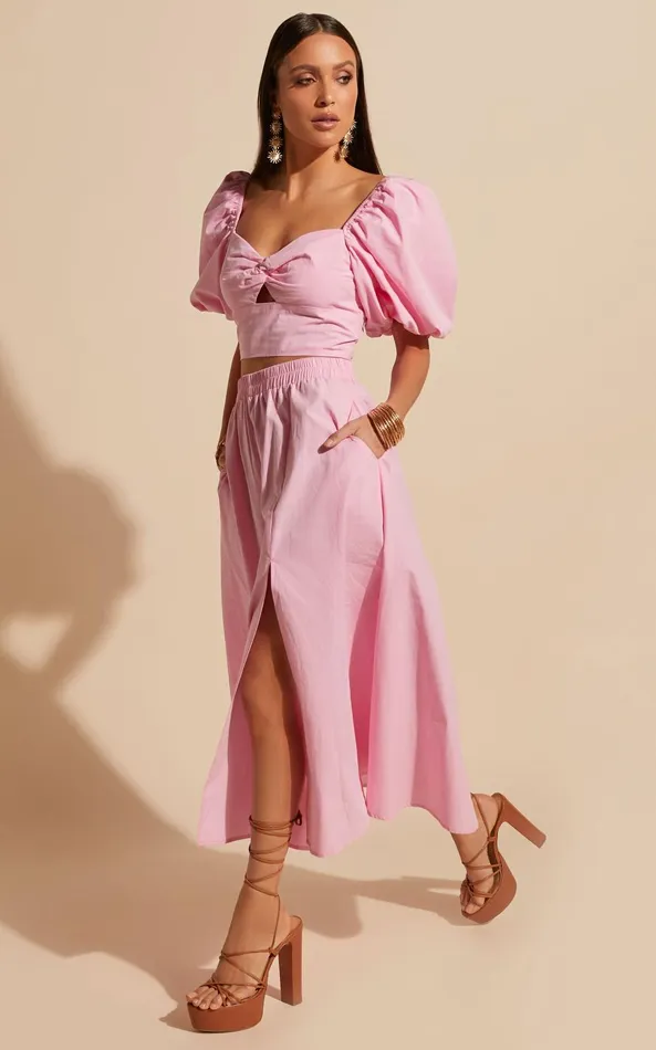 Showpo Alpha Two Piece Set 8211 Linen Look Puff Sleeve Twist Bodice Top Midi Skirt In Light Pink Women Two Piece Sets and Coords Showpo Alpha Two Piece Set 8211 Linen Look Puff Sleeve Twist Bodice Top Midi Skirt In Light Pink Women Two Piece Sets and Coords
