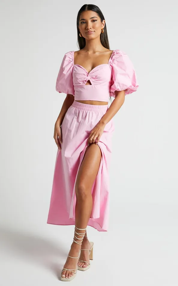 Showpo Alpha Two Piece Set 8211 Linen Look Puff Sleeve Twist Bodice Top Midi Skirt In Light Pink Women Two Piece Sets and Coords