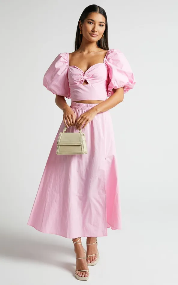 Showpo Alpha Two Piece Set 8211 Linen Look Puff Sleeve Twist Bodice Top Midi Skirt In Light Pink Women Two Piece Sets and Coords