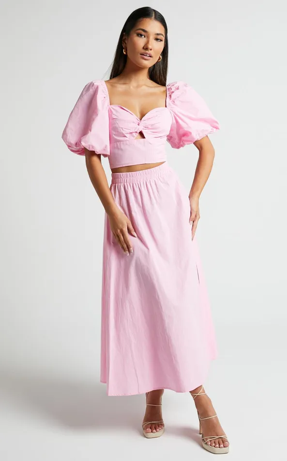 Showpo Alpha Two Piece Set 8211 Linen Look Puff Sleeve Twist Bodice Top Midi Skirt In Light Pink Women Two Piece Sets and Coords