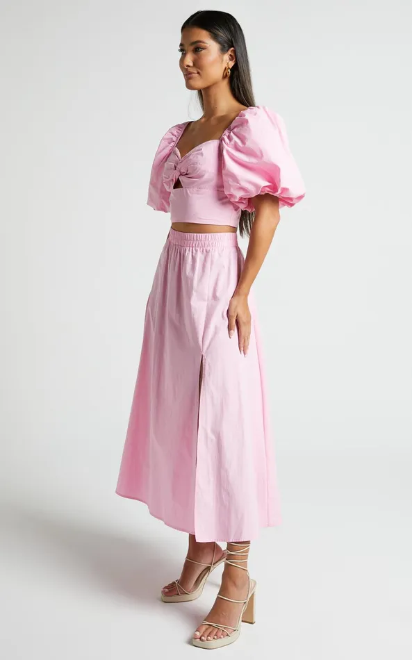 Showpo Alpha Two Piece Set 8211 Linen Look Puff Sleeve Twist Bodice Top Midi Skirt In Light Pink Women Two Piece Sets and Coords
