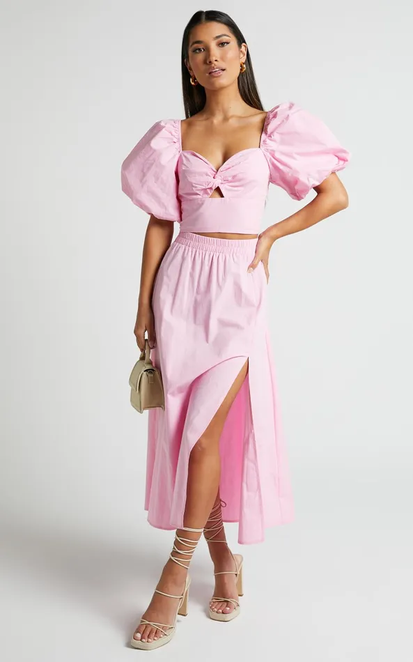 Showpo Alpha Two Piece Set 8211 Linen Look Puff Sleeve Twist Bodice Top Midi Skirt In Light Pink Women Two Piece Sets and Coords