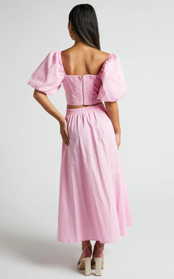 Showpo Alpha Two Piece Set 8211 Linen Look Puff Sleeve Twist Bodice Top Midi Skirt In Light Pink Women Two Piece Sets and Coords