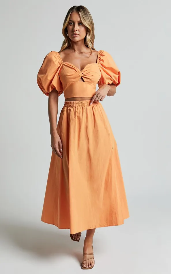 Showpo Alpha Two Piece Set 8211 Linen Look Puff Sleeve Twist Bodice Top Midi Skirt In Sherbert Women Two Piece Sets and Coords Showpo Alpha Two Piece Set 8211 Linen Look Puff Sleeve Twist Bodice Top Midi Skirt In Sherbert Women Two Piece Sets and Coords