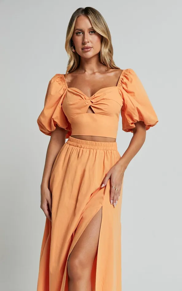 Showpo Alpha Two Piece Set 8211 Linen Look Puff Sleeve Twist Bodice Top Midi Skirt In Sherbert Women Two Piece Sets and Coords