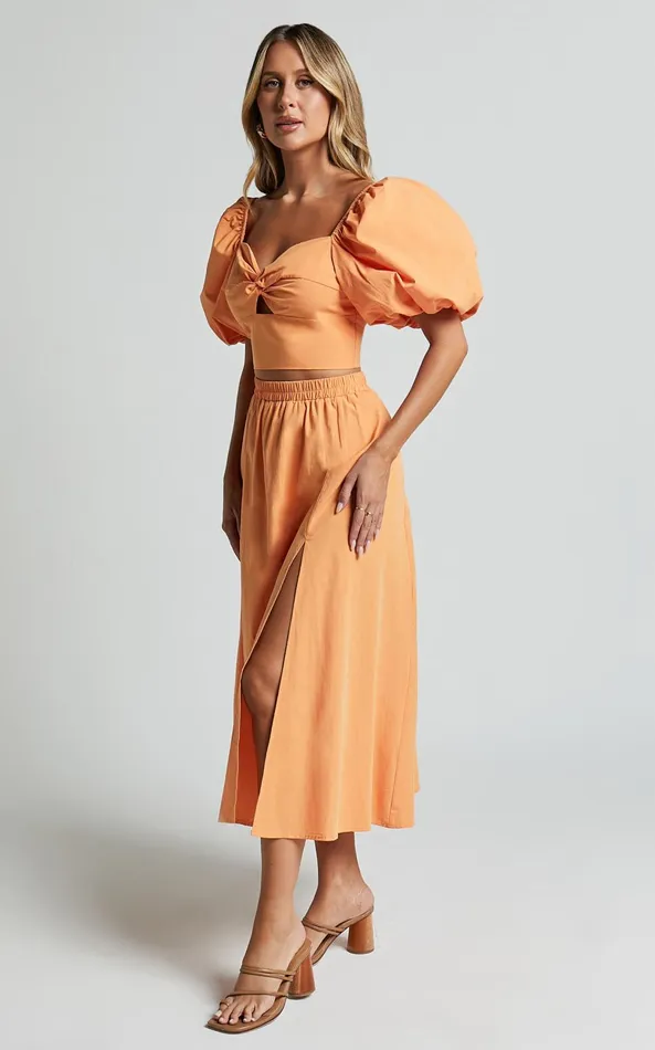 Showpo Alpha Two Piece Set 8211 Linen Look Puff Sleeve Twist Bodice Top Midi Skirt In Sherbert Women Two Piece Sets and Coords