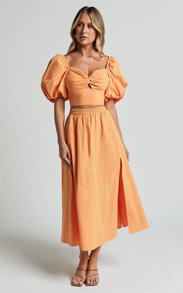 Showpo Alpha Two Piece Set 8211 Linen Look Puff Sleeve Twist Bodice Top Midi Skirt In Sherbert Women Two Piece Sets and Coords