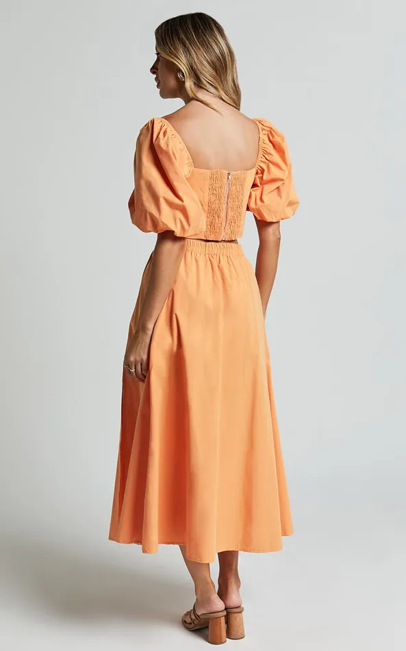 Showpo Alpha Two Piece Set 8211 Linen Look Puff Sleeve Twist Bodice Top Midi Skirt In Sherbert Women Two Piece Sets and Coords