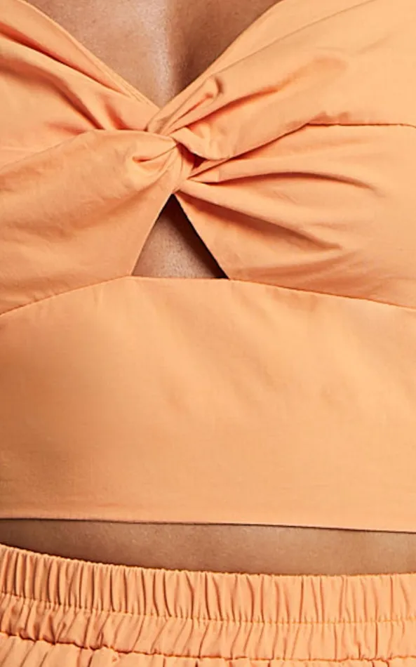 Showpo Alpha Two Piece Set 8211 Linen Look Puff Sleeve Twist Bodice Top Midi Skirt In Sherbert Women Two Piece Sets and Coords