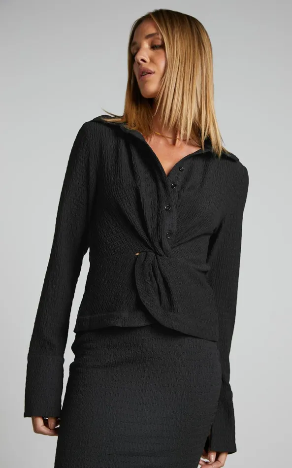 Showpo Althea Top 8211 Knot Front Long Sleeve Top In Black Women Tops