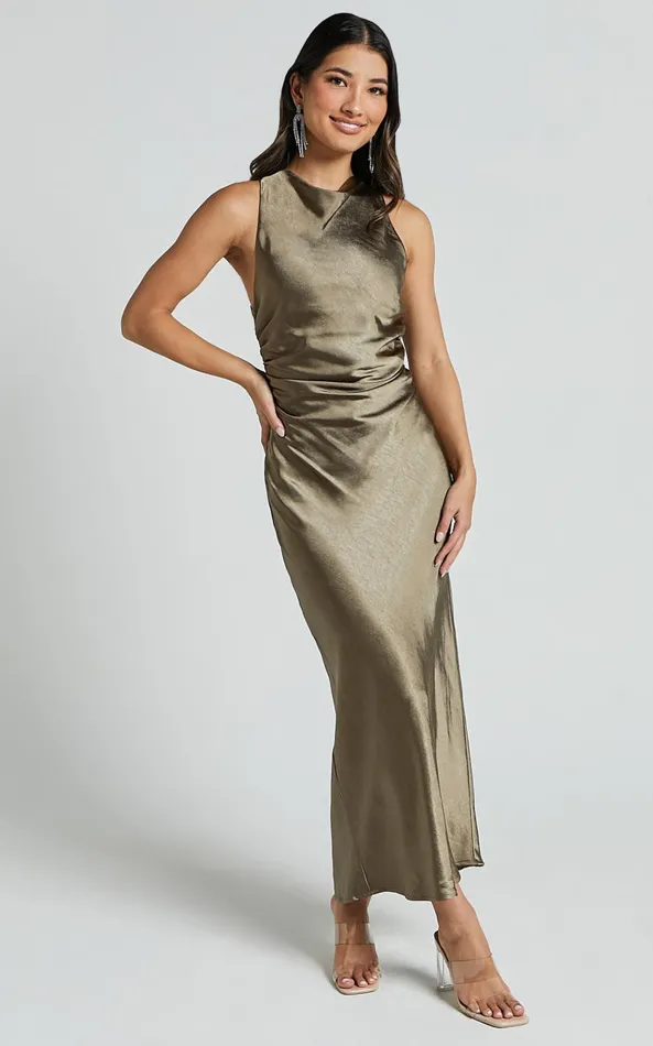 Showpo Aluna Midi Dress 8211 High Neck Cross Back Satin Slip Dress In Olive Women Dresses Showpo Aluna Midi Dress 8211 High Neck Cross Back Satin Slip Dress In Olive Women Dresses