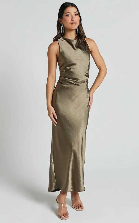 Showpo Aluna Midi Dress 8211 High Neck Cross Back Satin Slip Dress In Olive Women Dresses