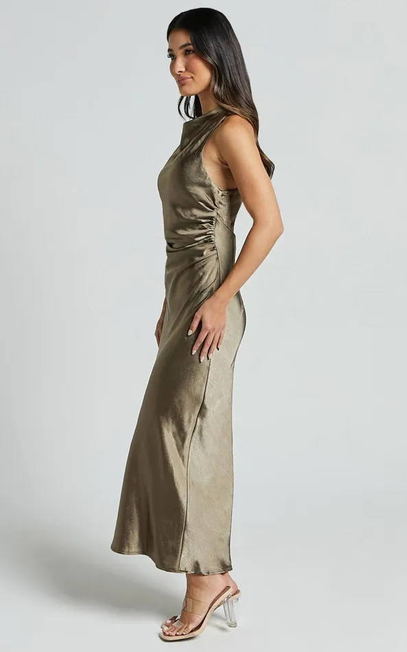 Showpo Aluna Midi Dress 8211 High Neck Cross Back Satin Slip Dress In Olive Women Dresses