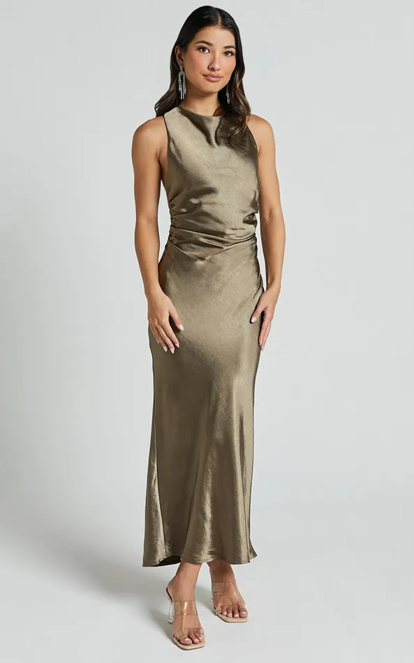 Showpo Aluna Midi Dress 8211 High Neck Cross Back Satin Slip Dress In Olive Women Dresses