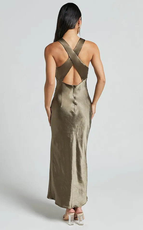 Showpo Aluna Midi Dress 8211 High Neck Cross Back Satin Slip Dress In Olive Women Dresses