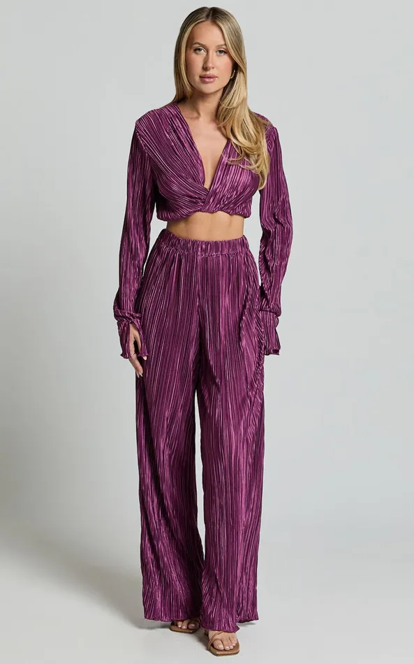 Showpo Aluna Two Piece Set 8211 Plisse Twist Front Crop Top And Wide Leg Pants Set In Aubergine Women Curve Clothes