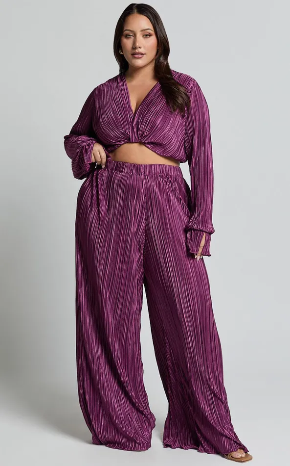 Showpo Aluna Two Piece Set 8211 Plisse Twist Front Crop Top And Wide Leg Pants Set In Aubergine Women Curve Clothes