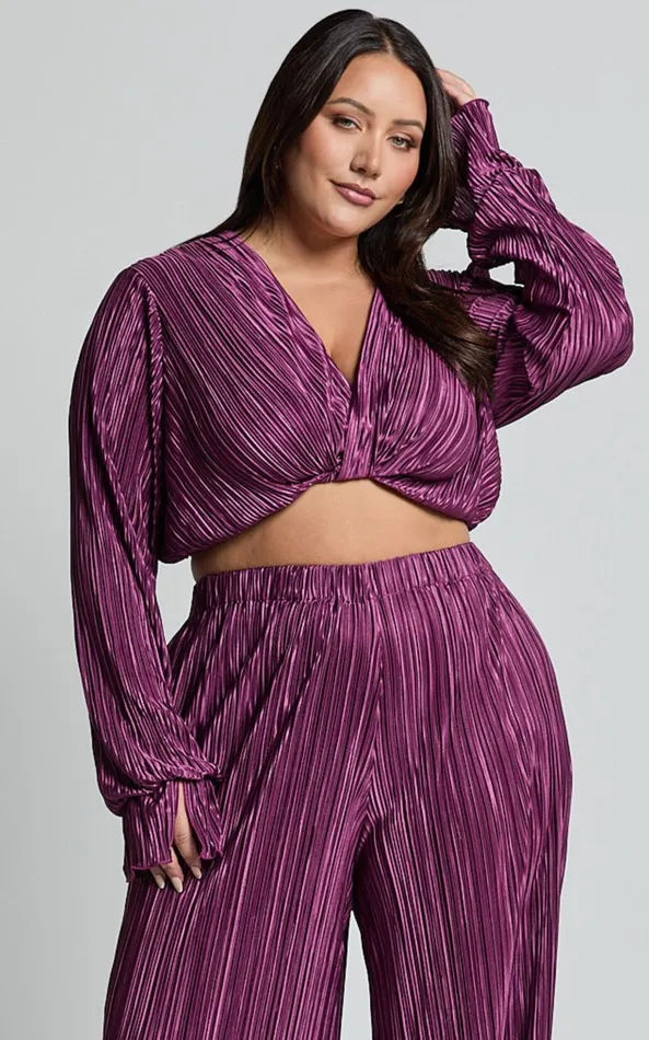 Showpo Aluna Two Piece Set 8211 Plisse Twist Front Crop Top And Wide Leg Pants Set In Aubergine Women Curve Clothes