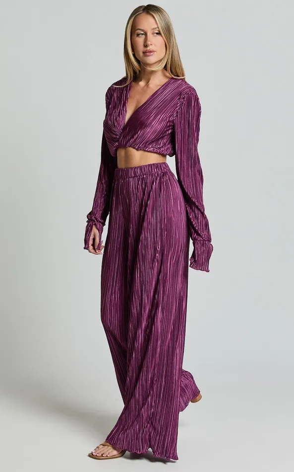 Showpo Aluna Two Piece Set 8211 Plisse Twist Front Crop Top And Wide Leg Pants Set In Aubergine Women Curve Clothes