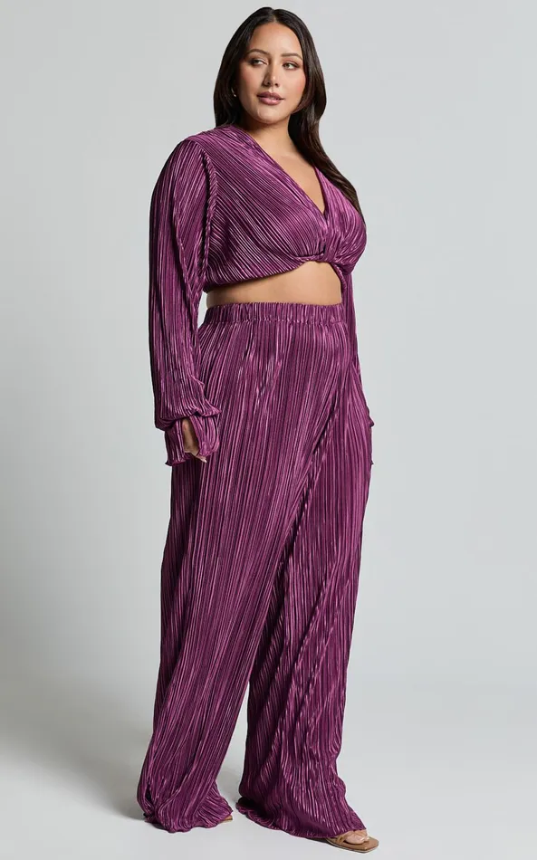 Showpo Aluna Two Piece Set 8211 Plisse Twist Front Crop Top And Wide Leg Pants Set In Aubergine Women Curve Clothes
