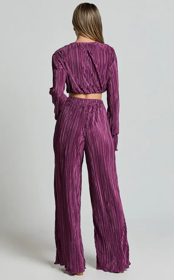 Showpo Aluna Two Piece Set 8211 Plisse Twist Front Crop Top And Wide Leg Pants Set In Aubergine Women Curve Clothes