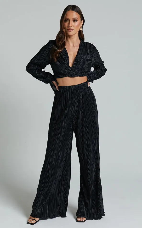 Showpo Aluna Two Piece Set 8211 Plisse Twist Front Crop Top And Wide Leg Pants Set In Black Women Curve Clothes Showpo Aluna Two Piece Set 8211 Plisse Twist Front Crop Top And Wide Leg Pants Set In Black Women Curve Clothes