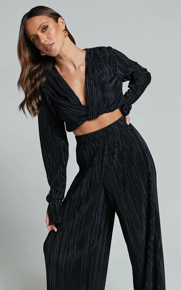 Showpo Aluna Two Piece Set 8211 Plisse Twist Front Crop Top And Wide Leg Pants Set In Black Women Curve Clothes