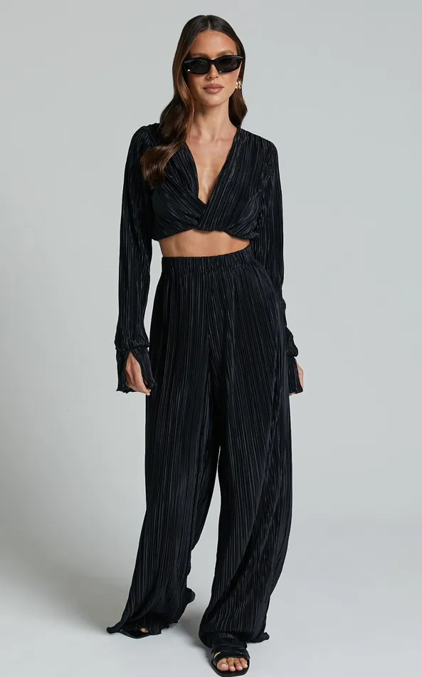 Showpo Aluna Two Piece Set 8211 Plisse Twist Front Crop Top And Wide Leg Pants Set In Black Women Curve Clothes