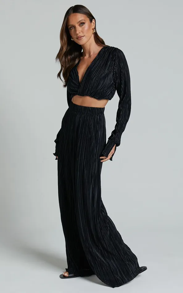 Showpo Aluna Two Piece Set 8211 Plisse Twist Front Crop Top And Wide Leg Pants Set In Black Women Curve Clothes