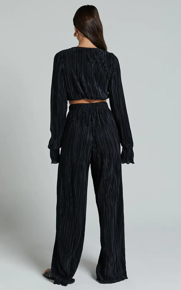 Showpo Aluna Two Piece Set 8211 Plisse Twist Front Crop Top And Wide Leg Pants Set In Black Women Curve Clothes