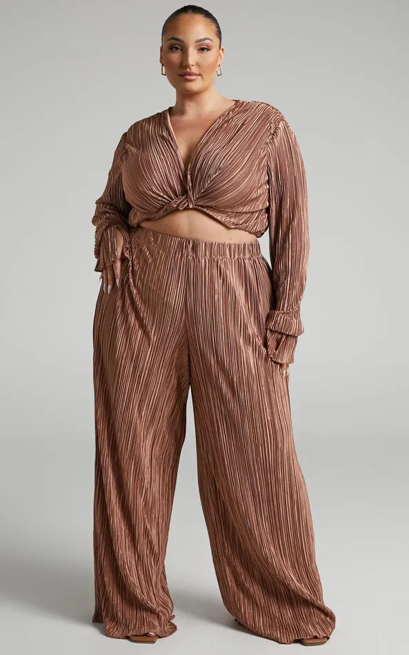Showpo Aluna Two Piece Set 8211 Plisse Twist Front Crop Top And Wide Leg Pants Set In Chocolate Women Curve Clothes