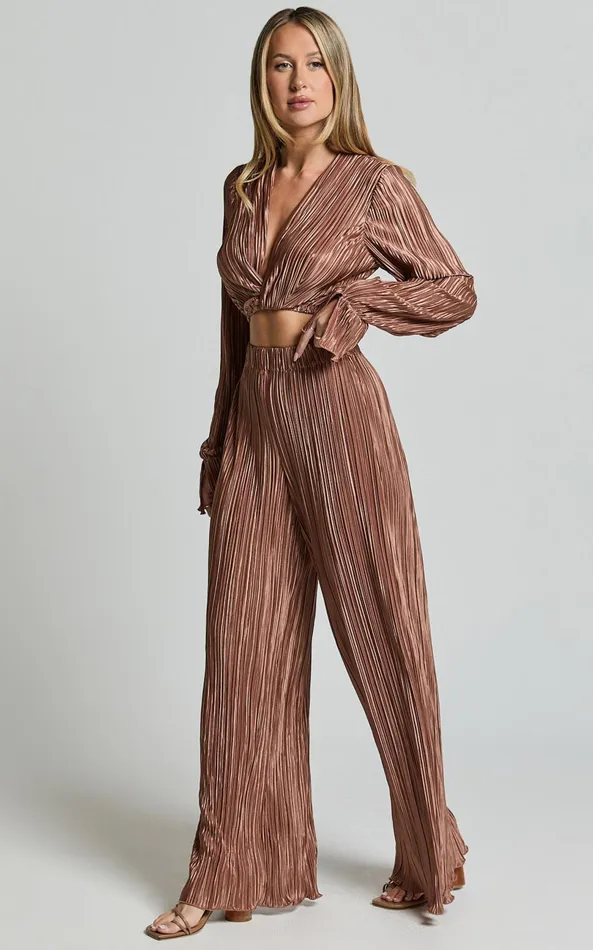 Showpo Aluna Two Piece Set 8211 Plisse Twist Front Crop Top And Wide Leg Pants Set In Chocolate Women Curve Clothes