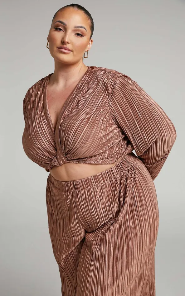 Showpo Aluna Two Piece Set 8211 Plisse Twist Front Crop Top And Wide Leg Pants Set In Chocolate Women Curve Clothes