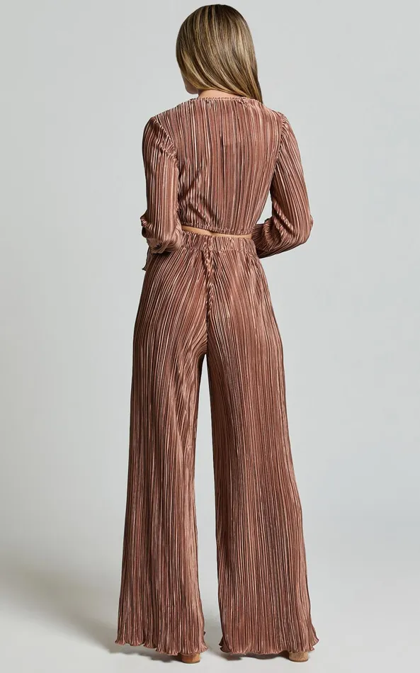 Showpo Aluna Two Piece Set 8211 Plisse Twist Front Crop Top And Wide Leg Pants Set In Chocolate Women Curve Clothes