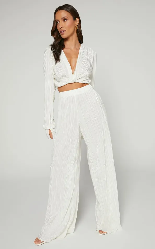Showpo Aluna Two Piece Set 8211 Plisse Twist Front Crop Top And Wide Leg Pants Set In Oyster Women Curve Clothes Showpo Aluna Two Piece Set 8211 Plisse Twist Front Crop Top And Wide Leg Pants Set In Oyster Women Curve Clothes