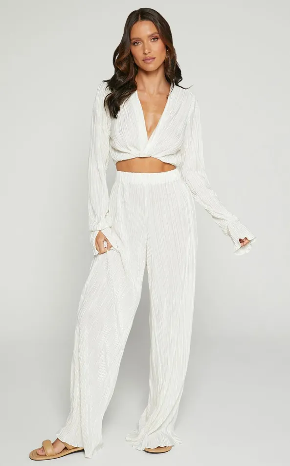 Showpo Aluna Two Piece Set 8211 Plisse Twist Front Crop Top And Wide Leg Pants Set In Oyster Women Curve Clothes